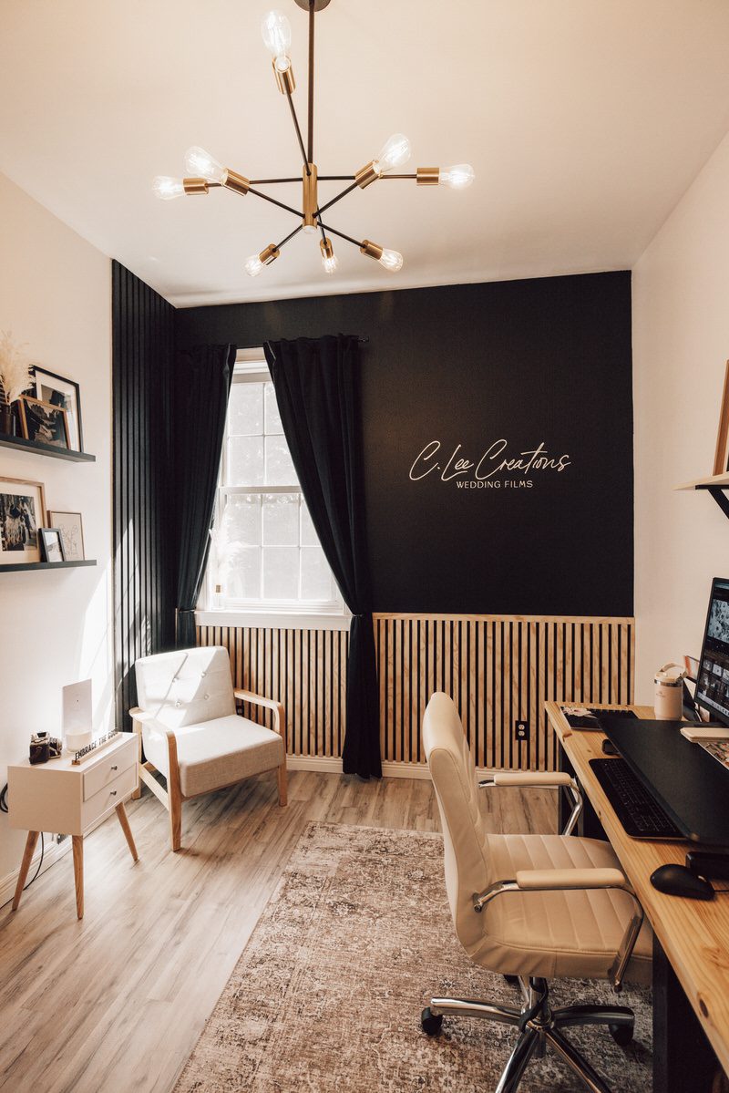 Dark moody office design for an in home office look.